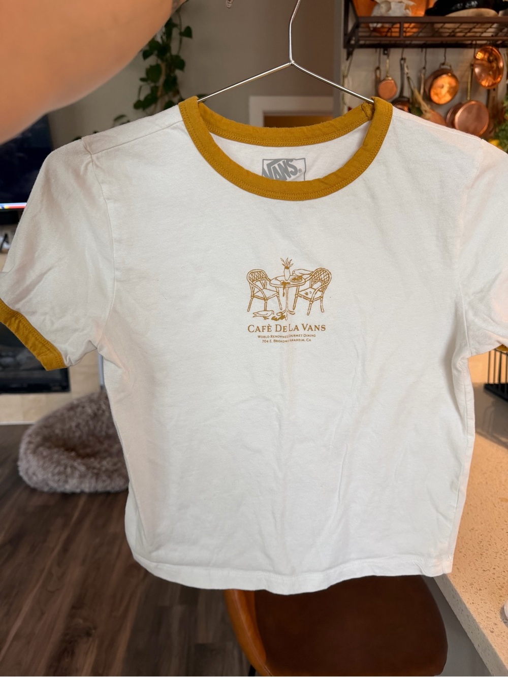 Vans White Tee with Mustard Trim and Café Graphic